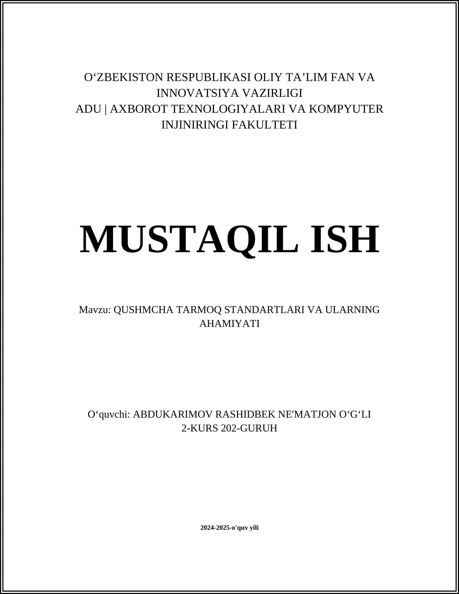 QUSHMCHA TARMOQ STANDARTLARI VA ULARNING AHAMIYATI