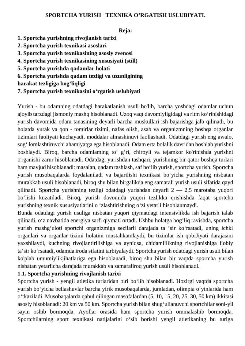 SPORTCHA YURISH TEXNIKA O’RGATISH USLUBIYATI