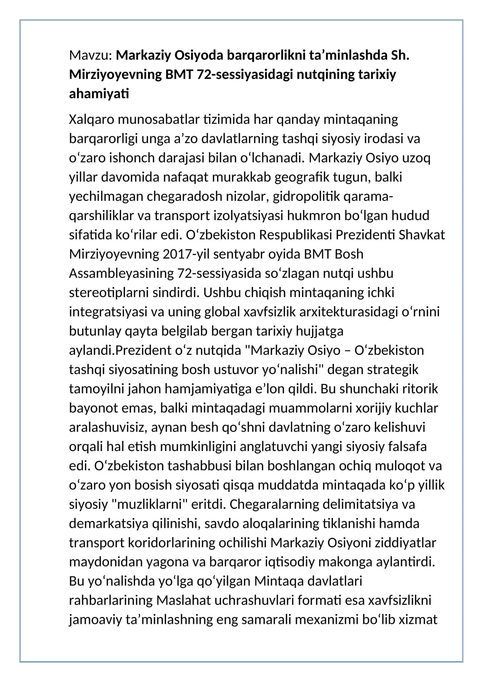 markaziy osiyoda barqarorlikni taminlash