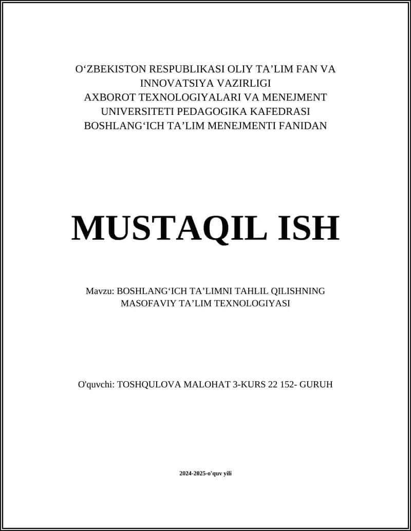 BOSHLANGʻICH TAʼLIMNI TAHLIL QILISHNING MASOFAVIY TAʼLIM TEXNOLOGIYASI