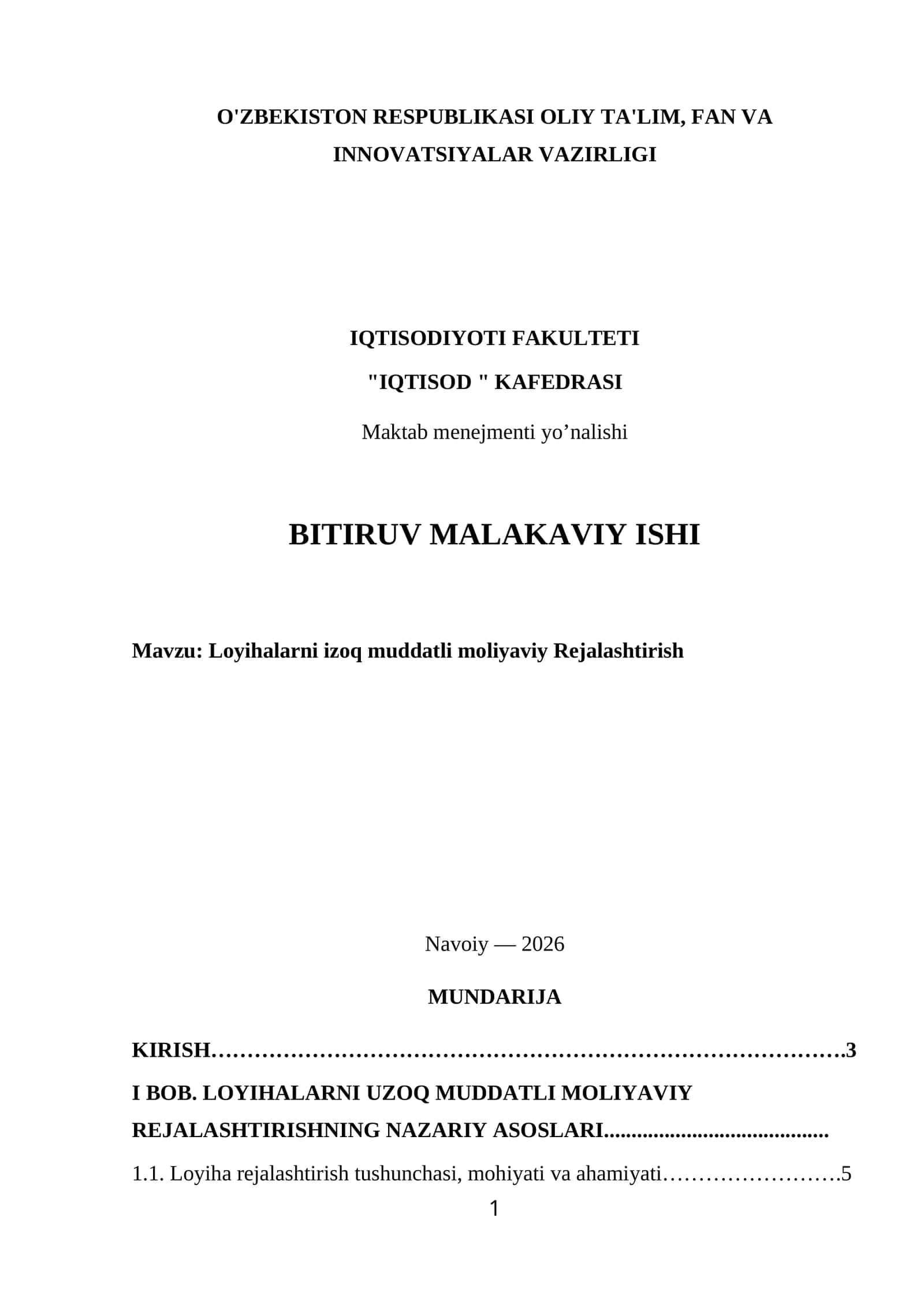 Loyihalarni izoq muddatli moliyaviy Rejalashtirish