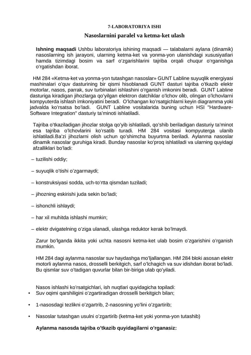 Nasoslarnini paralel va ketma-ket ulash
