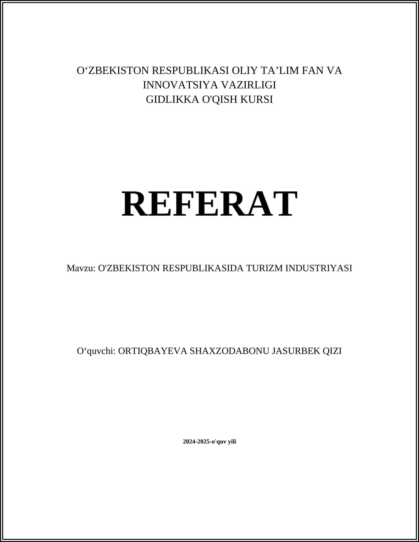 O'ZBEKISTON RESPUBLIKASIDA TURIZM INDUSTRIYASI