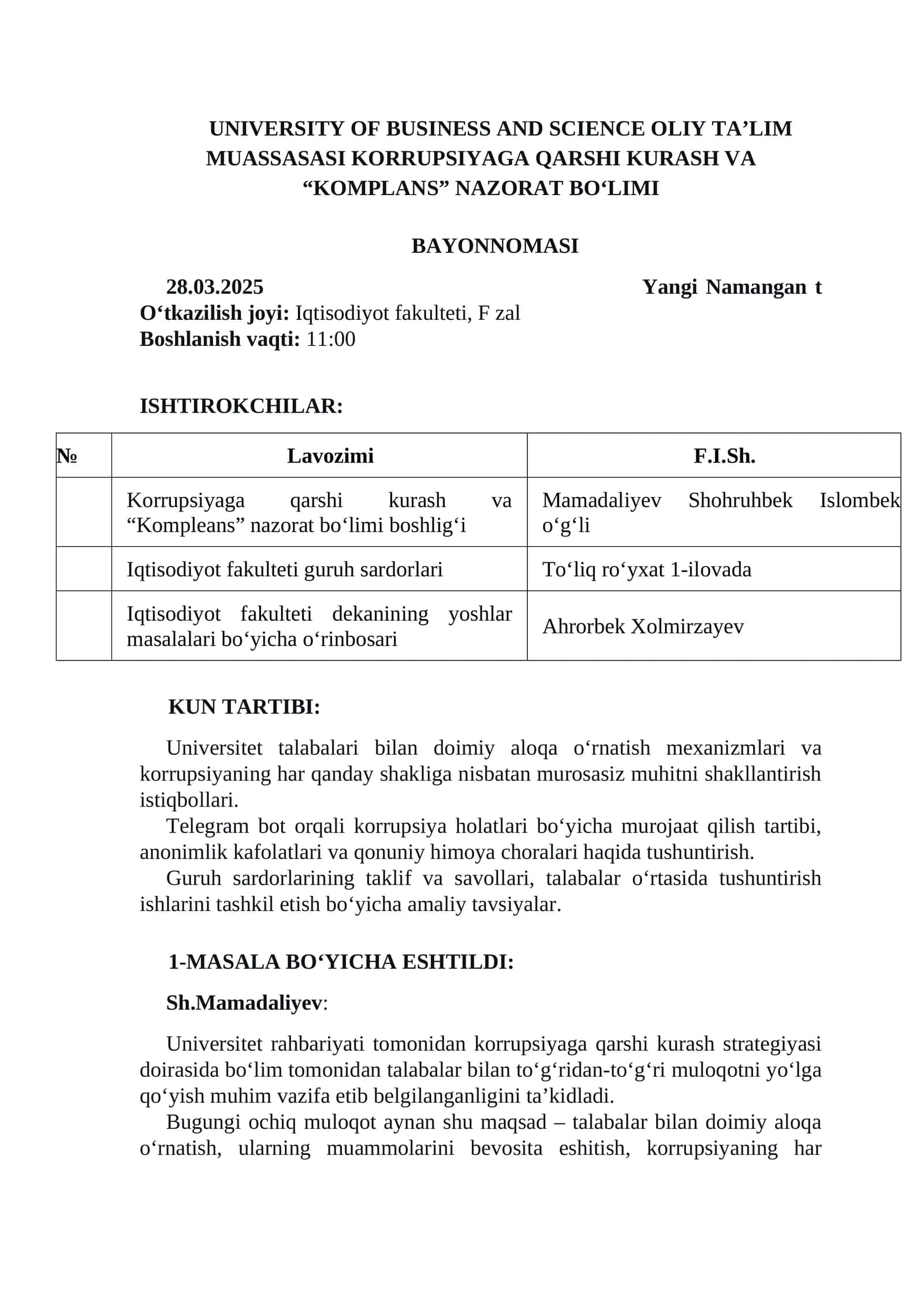 Korrupsiyaga qarshi kurash va "Kompleans" nazorat bo‘limi