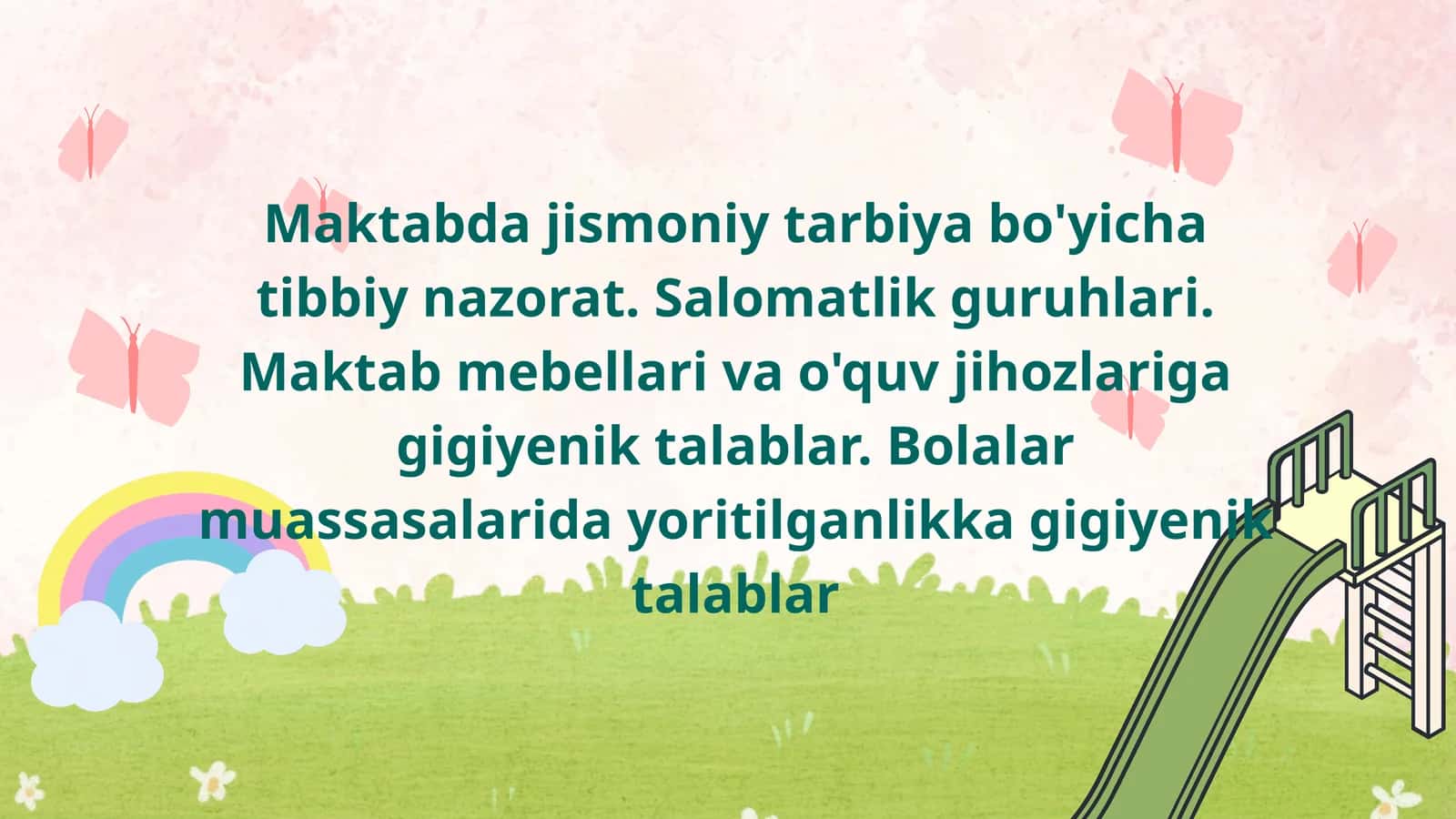 Maktabda jismoniy tarbiya bo'yicha tibbiy nazorat. Salomatlik guruhlari. Maktab mebellari va o'quv jihozlariga gigiyenik talablar. Bolalar muassasalarida yoritilganlikka gigiyenik talablar