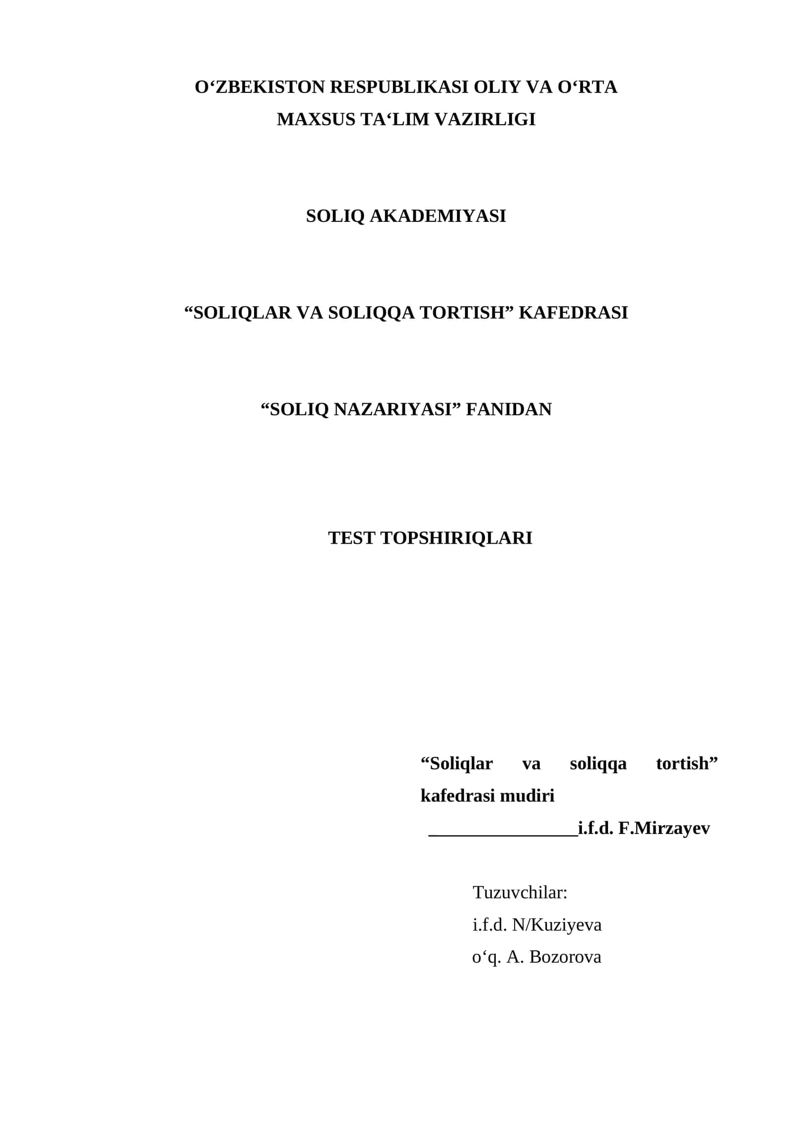 "SOLIQ NAZARIYASI" FANIDAN TEST TOPSHIRIQLARI