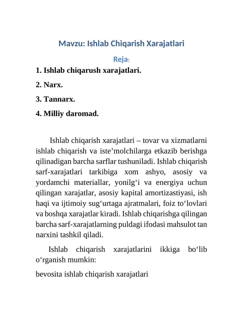 Ishlab Chiqarish Xarajatlari
