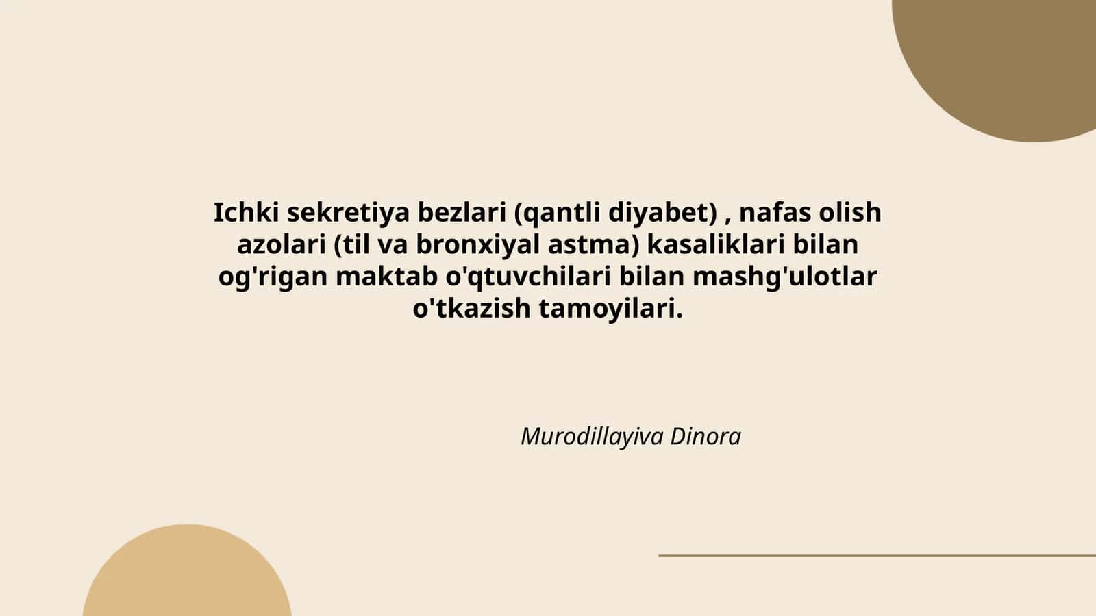 Ichki sekretiya bezlari (qantli diyabet), nafas olish azolari (til va bronxiyal astma) kasaliklari bilan og'rigan maktab o'qtuvchilari bilan mashg'ulotlar o'tkazish tamoyilari