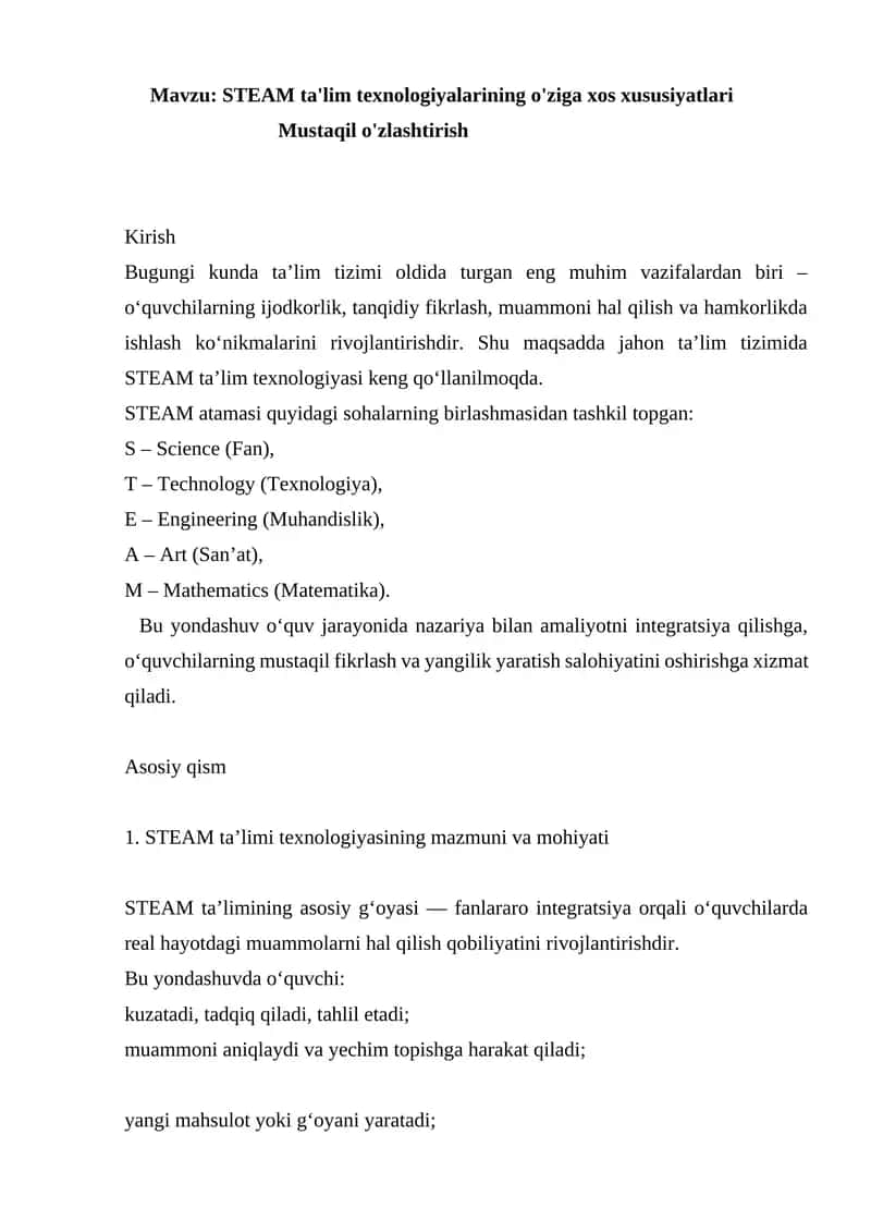 STEAM ta'lim texnologiyalari