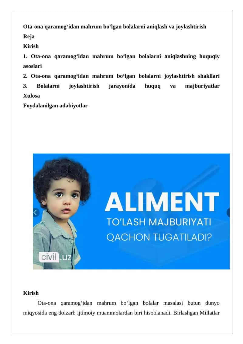 Ota-ona qaramog‘idan mahrum bo‘lgan bolalarni aniqlash va joylashtirish