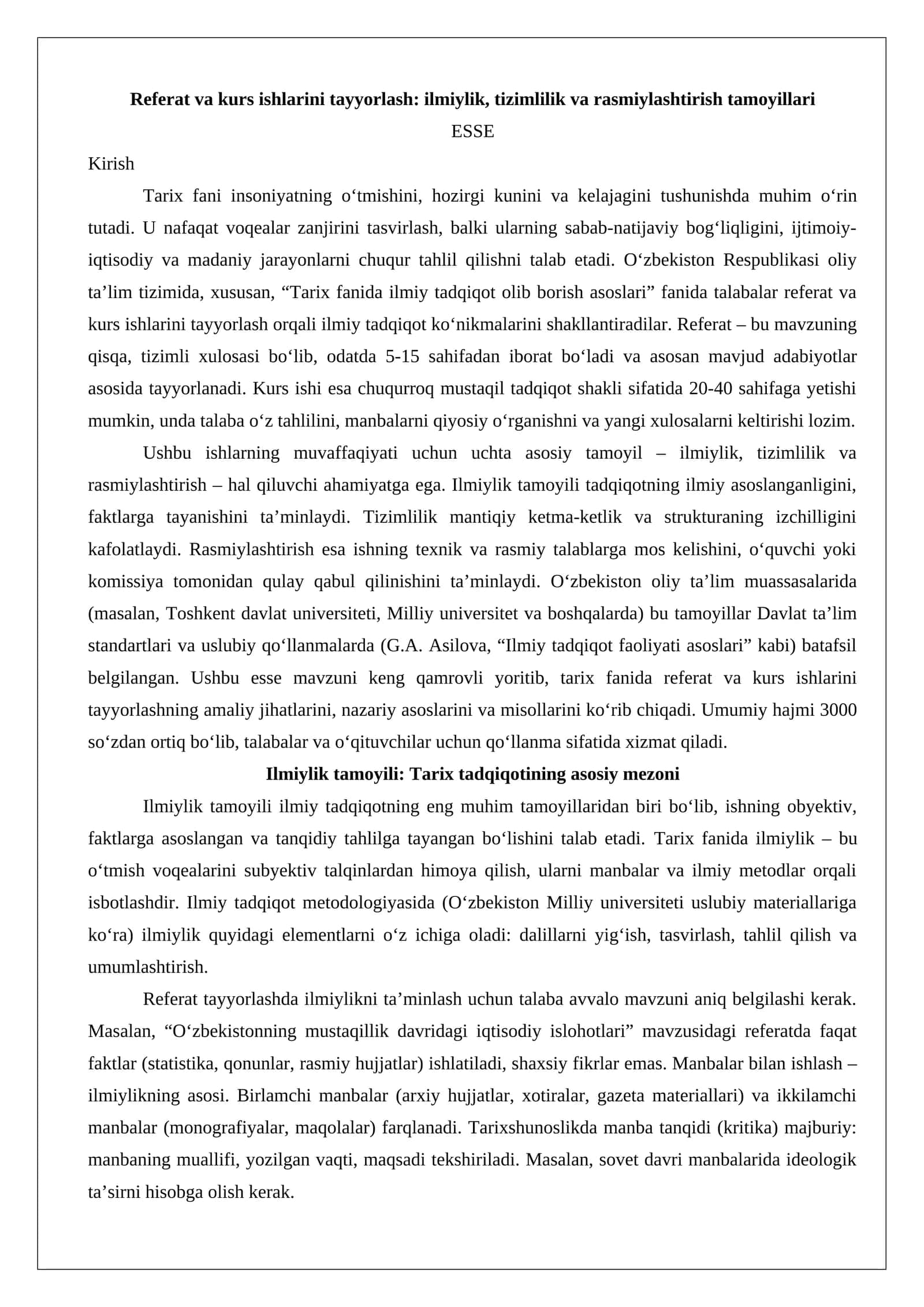 Referat va kurs ishlarini tayyorlash: ilmiylik, tizimlilik va rasmiylashtirish tamoyillari