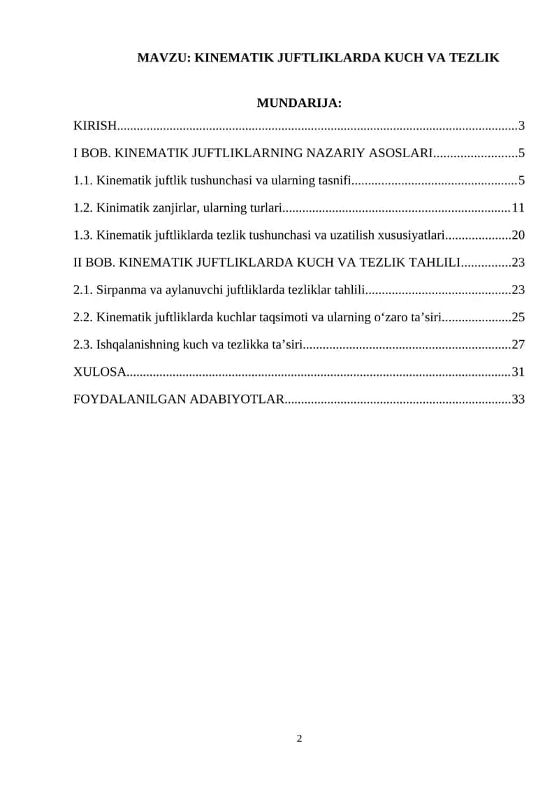 KINEMATIK JUFTLIKLARDA KUCH VA TEZLIK