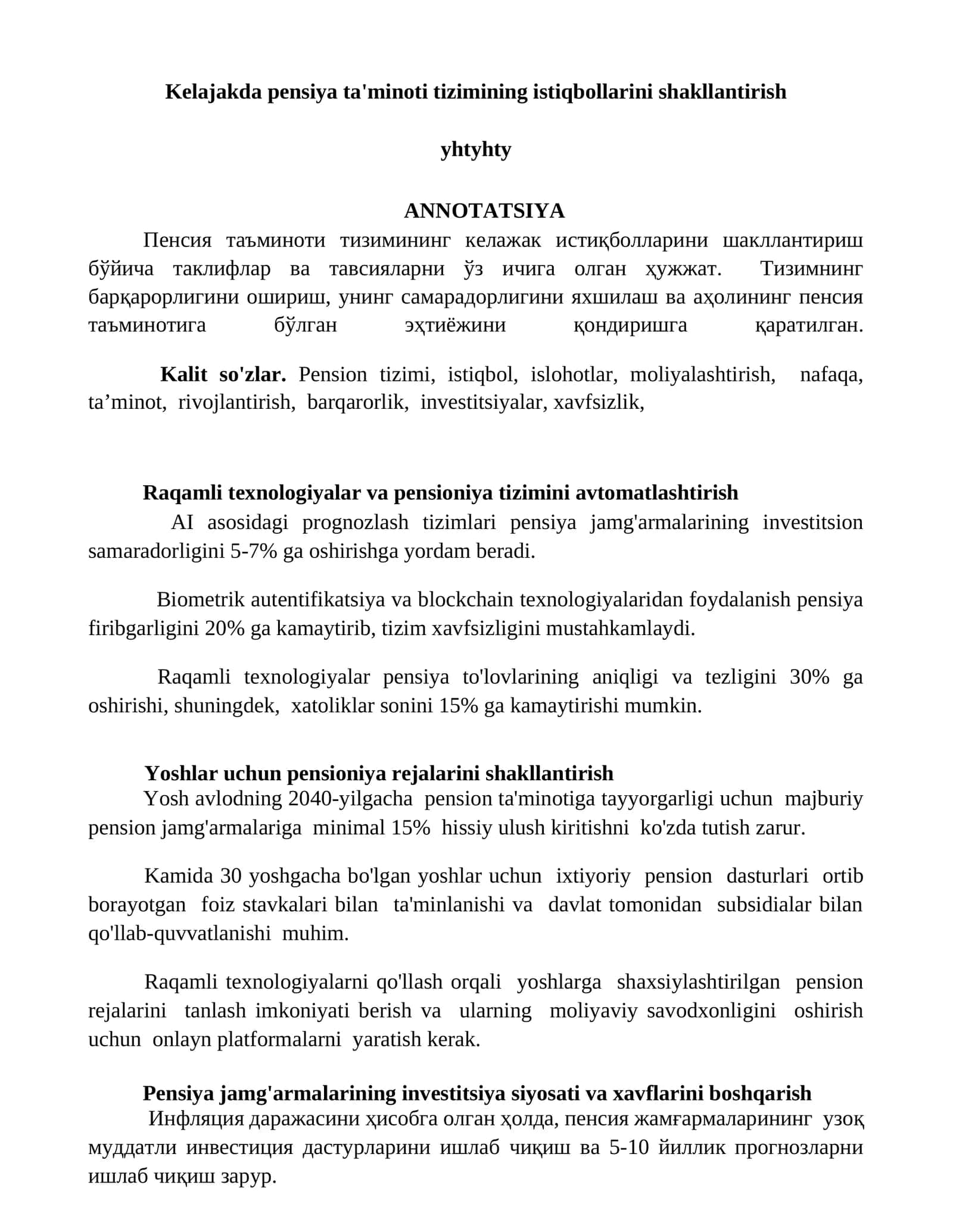 Kelajakda pensiya ta'minoti tizimining istiqbollarini shakllantirish
