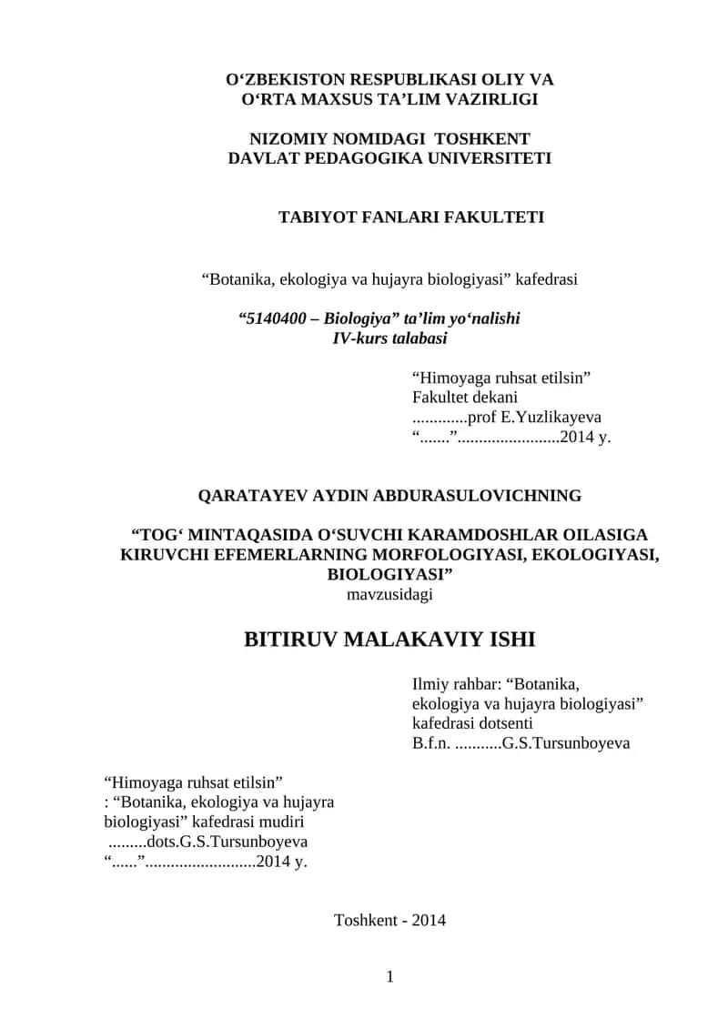 TOG‘ MINTAQASIDA О‘SUVCHI KARAMDOSHLAR OILASIGA KIRUVCHI EFEMERLARNING MORFOLOGIYASI, EKOLOGIYASI, BIOLOGIYASI