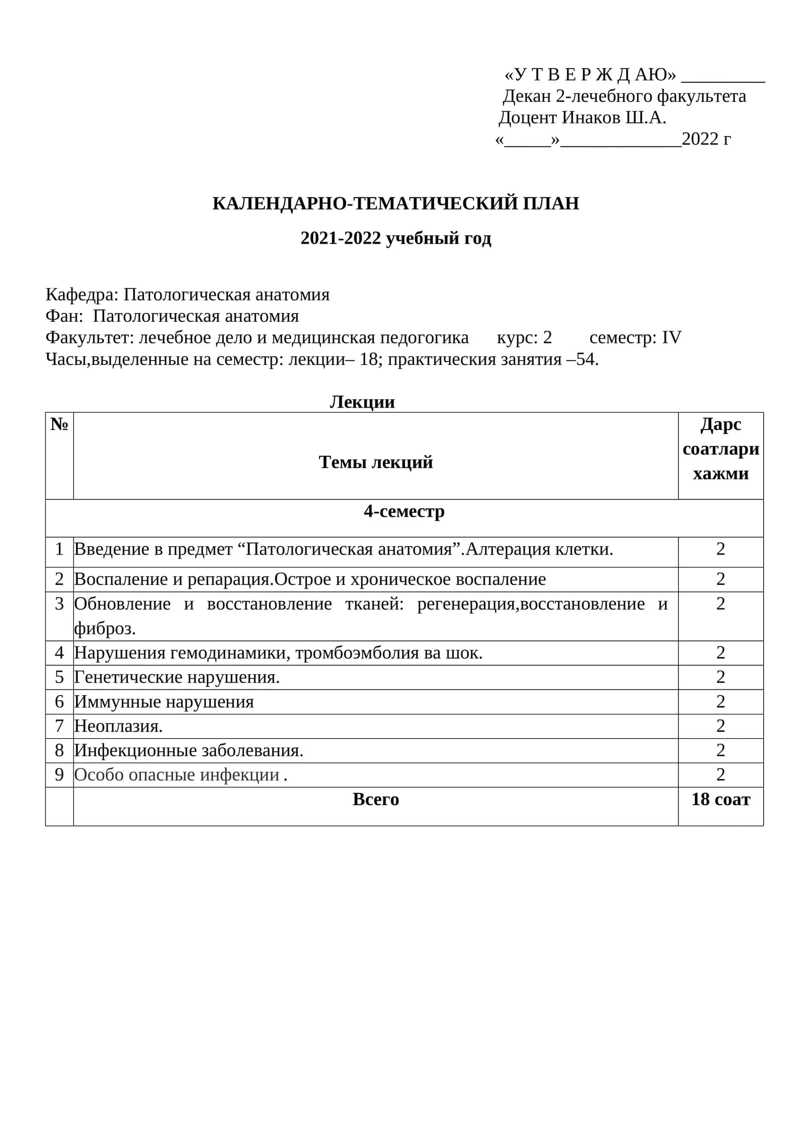 Календарно-Тематический План 2021-2022 Учебный Год