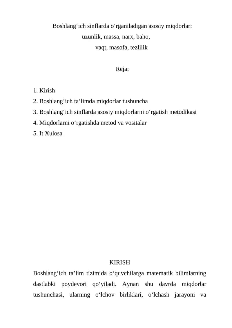 Boshlang‘ich sinflarda asosiy miqdorlarni o‘rgatish metodikasi