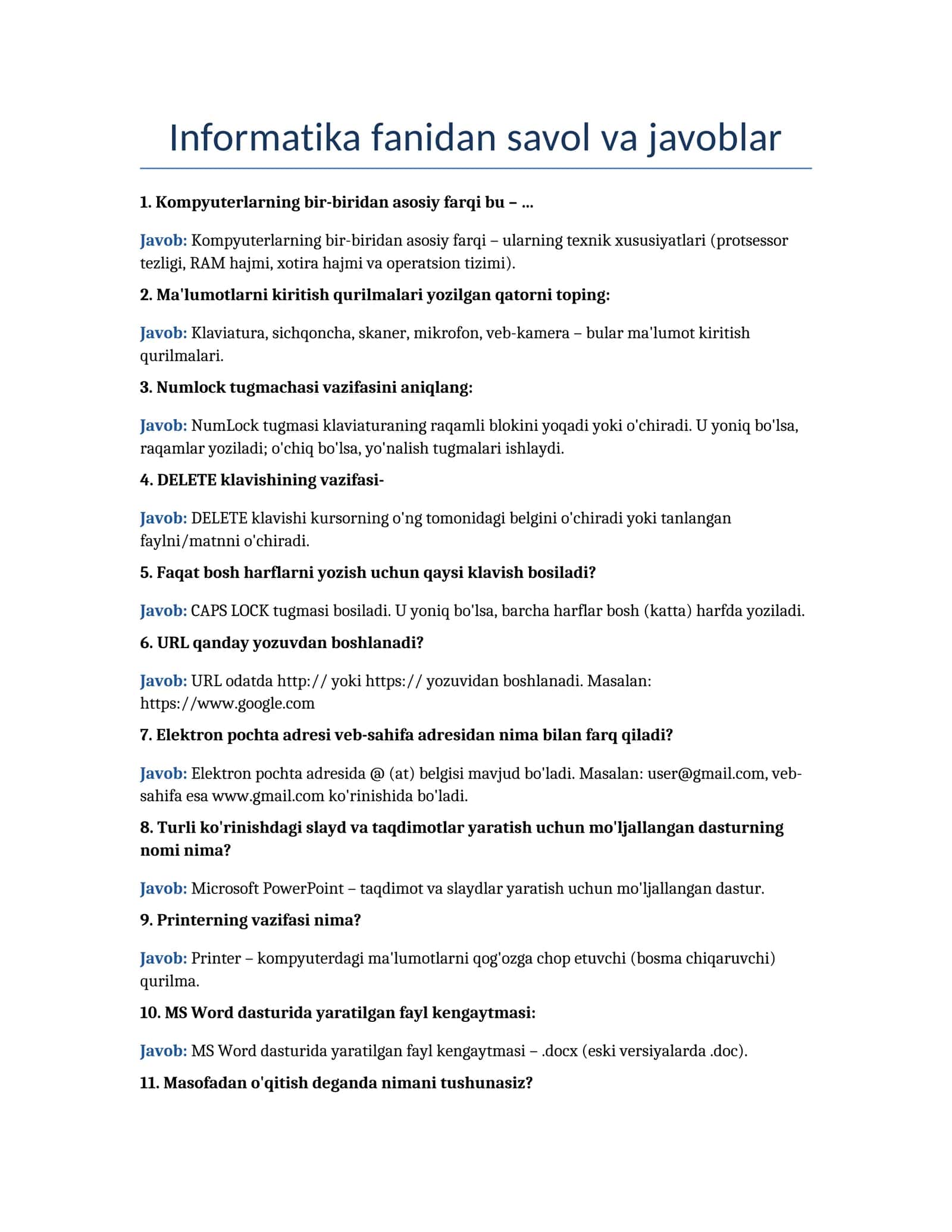 Informatika fanidan savol va javoblar
