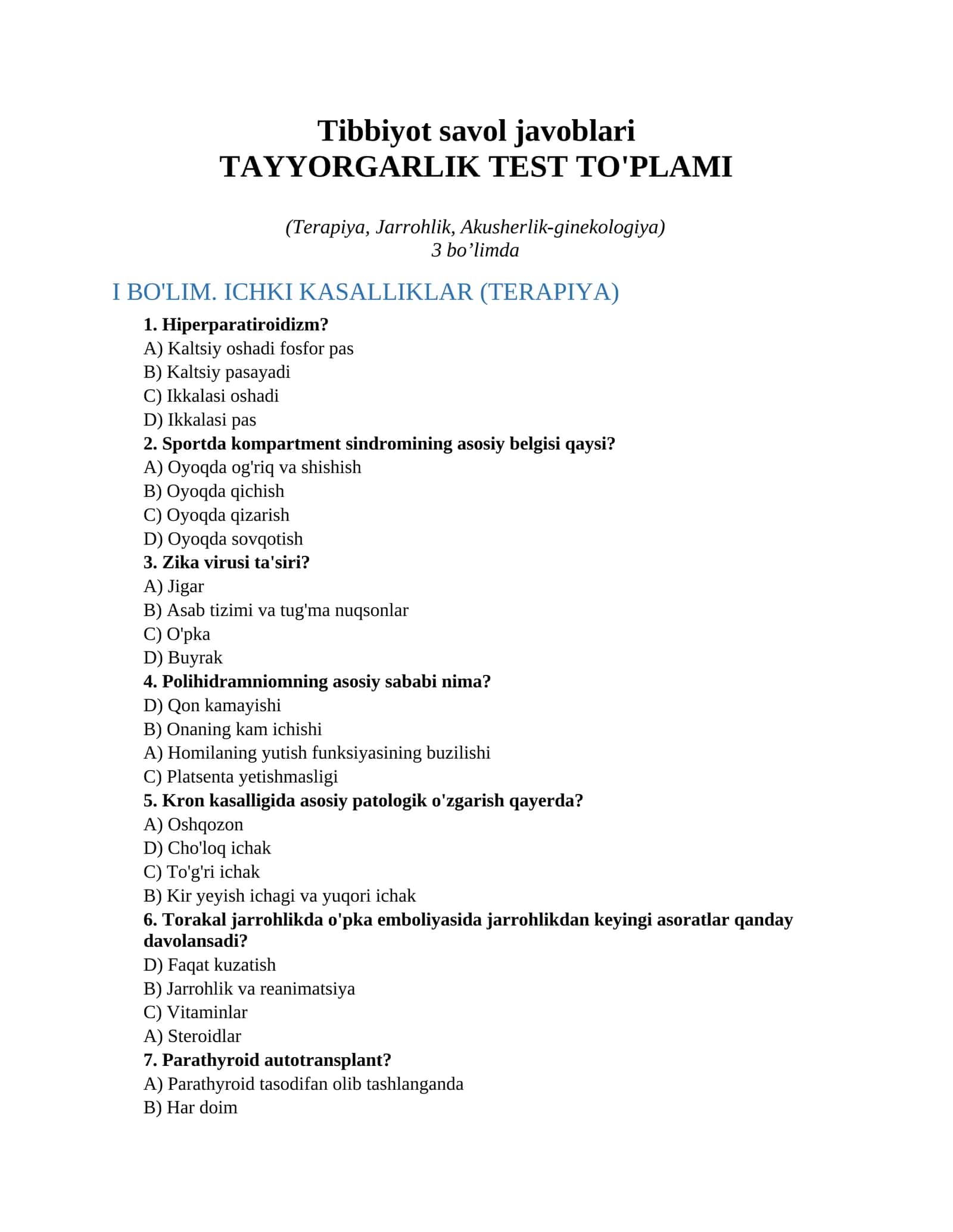 Tibbiyot savol javoblari