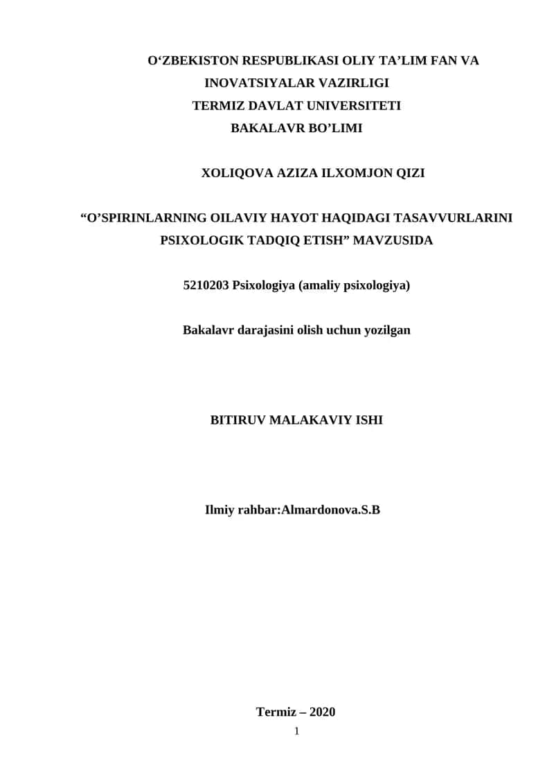 O‘SPIRINLARNING OILAVIY HAYOT HAQIDAGI TASAVVURLARINI PSIXOLOGIK TADQIQ ETISH