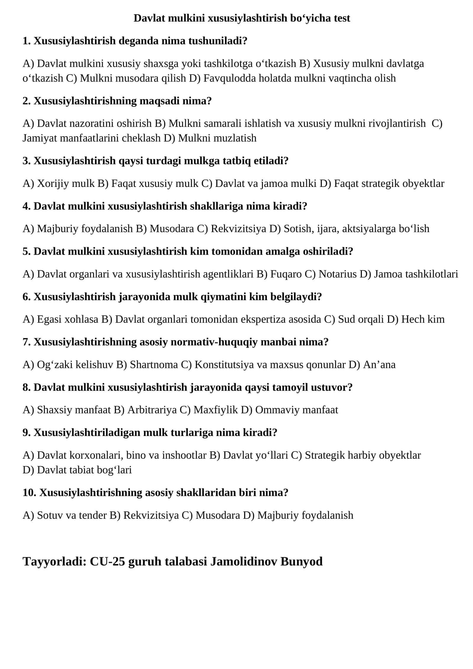 Davlat mulkini xususiylashtirish bo‘yicha test