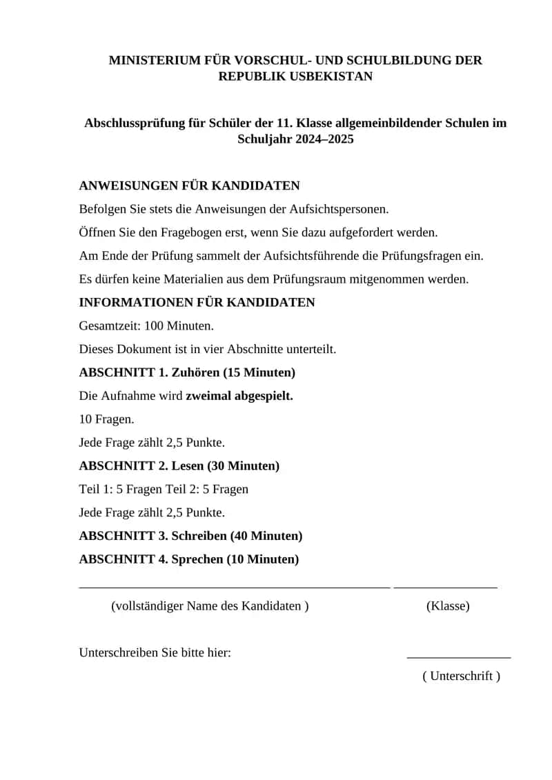 Abschlussprüfung für Schüler der 11. Klasse allgemeinbildender Schulen im Schuljahr 2024–2025