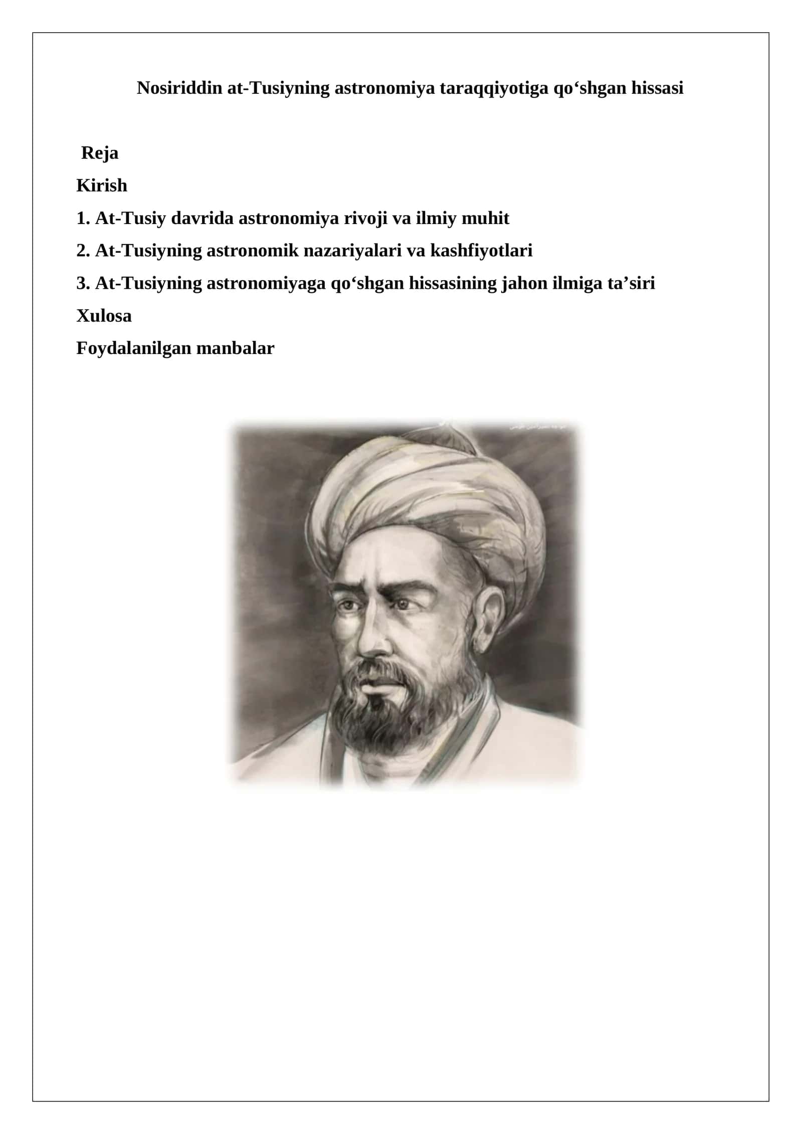 Nosiriddin at-Tusiyning astronomiya taraqqiyotiga qo‘shgan hissasi