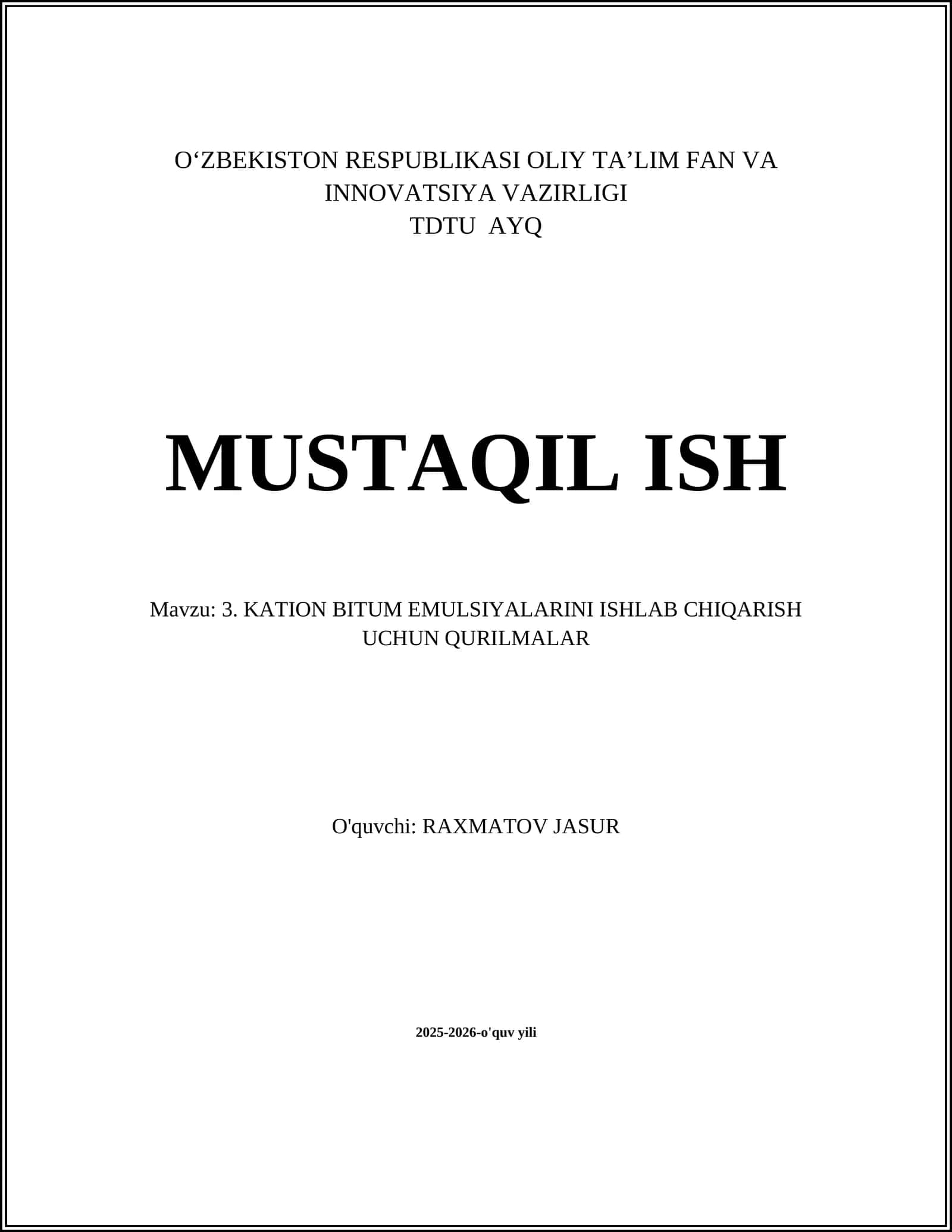 Kation bitum emulsiyalarini ishlab chiqarish uchun qurilmalar dizayni