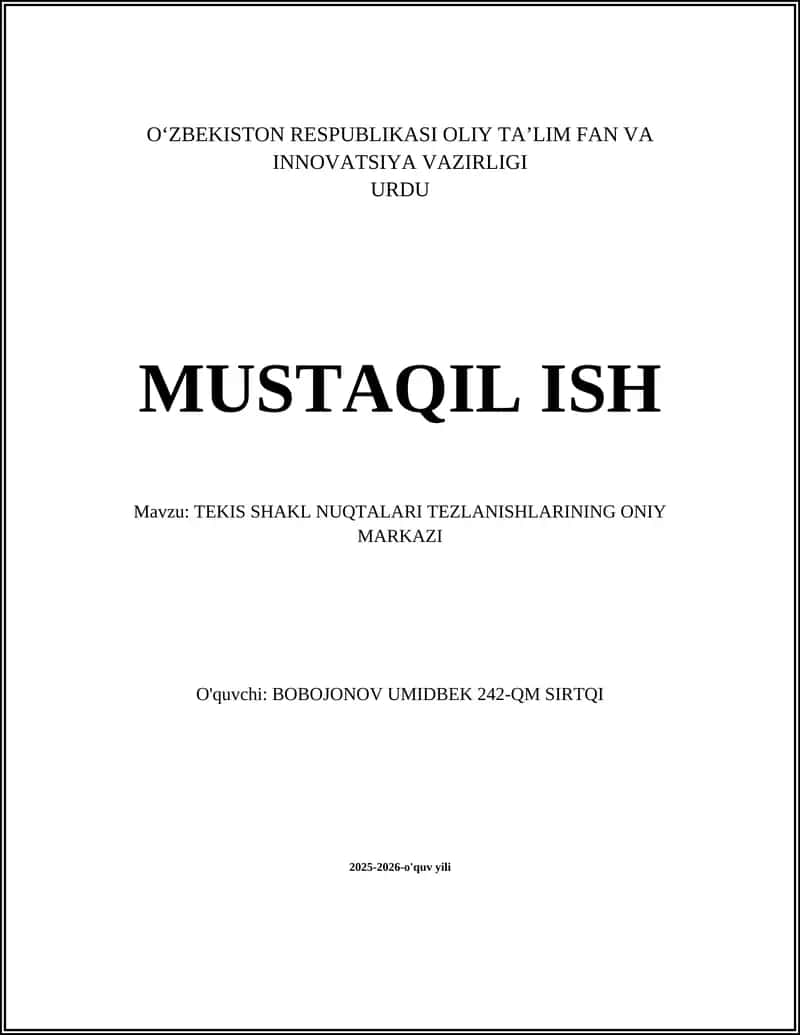 TEKIS SHAKL NUQTALARI TEZLANISHLARINING ONIY MARKAZI