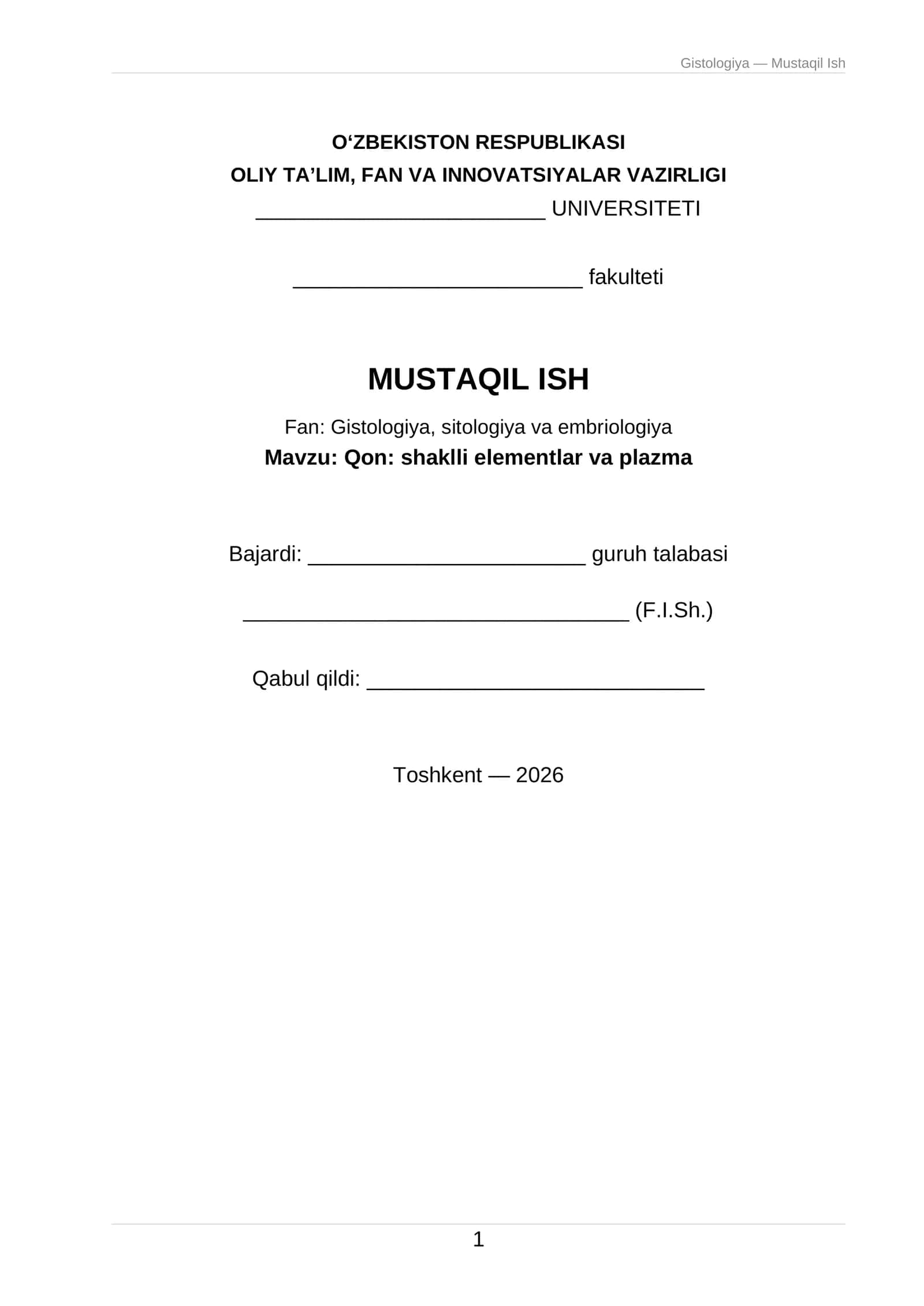 Gistologiya — Mustaqil Ish