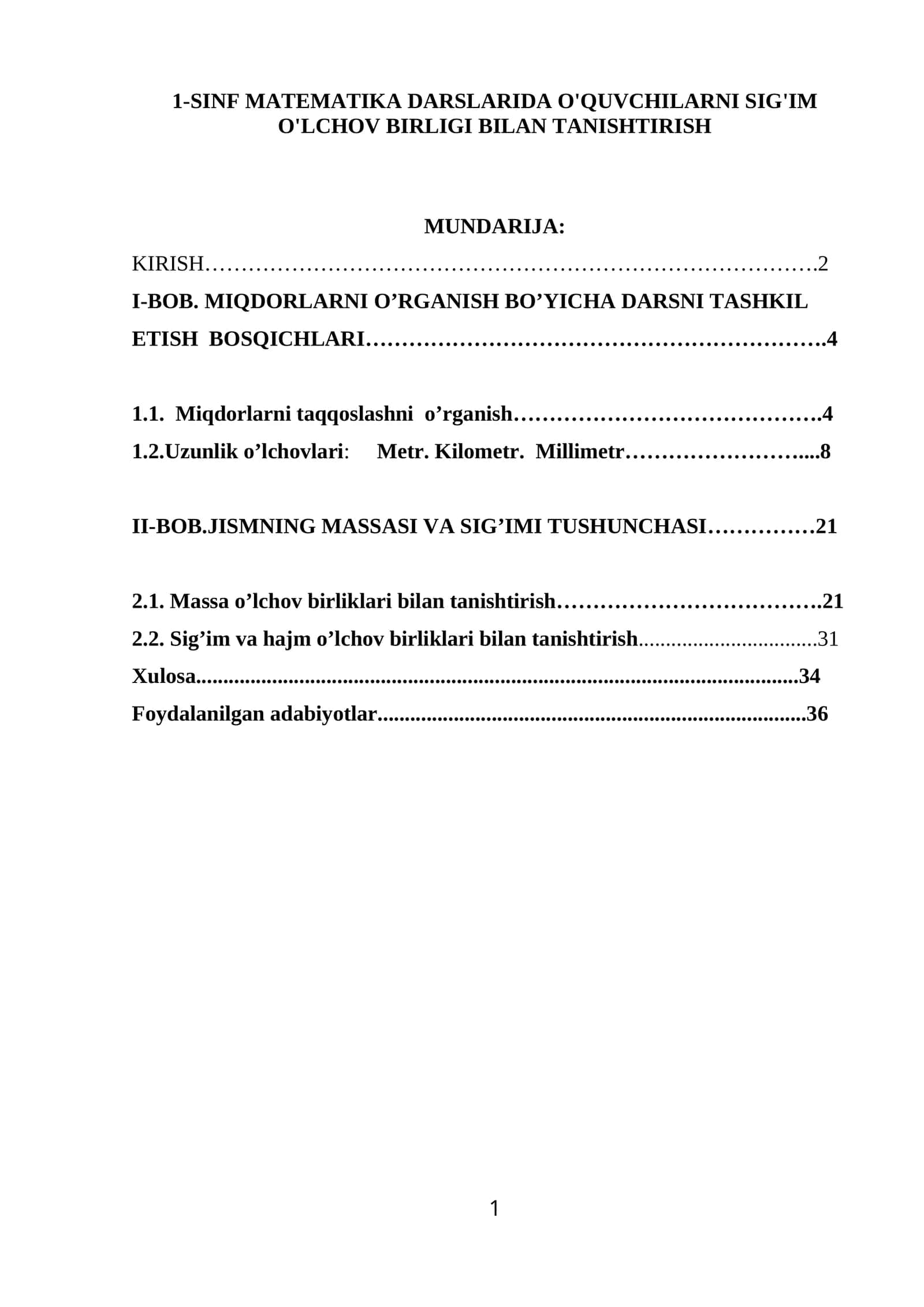1-SINF MATEMATIKA DARSLARIDA O'QUVCHILARNI SIG'IM O'LCHOV BIRLIGI BILAN TANISHTIRISH