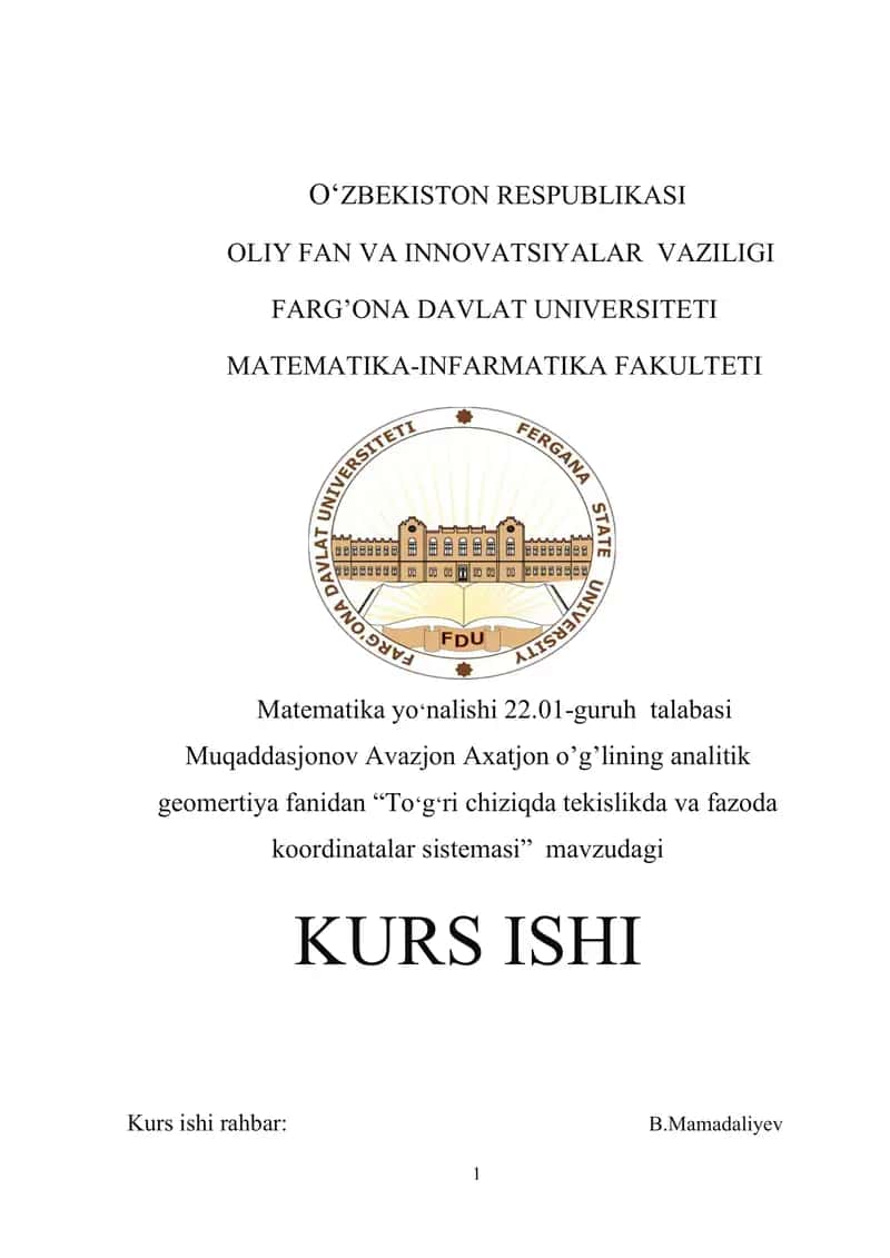 Fazoda toʻgʻri chiziqning turli tenglamalari kurs ishi