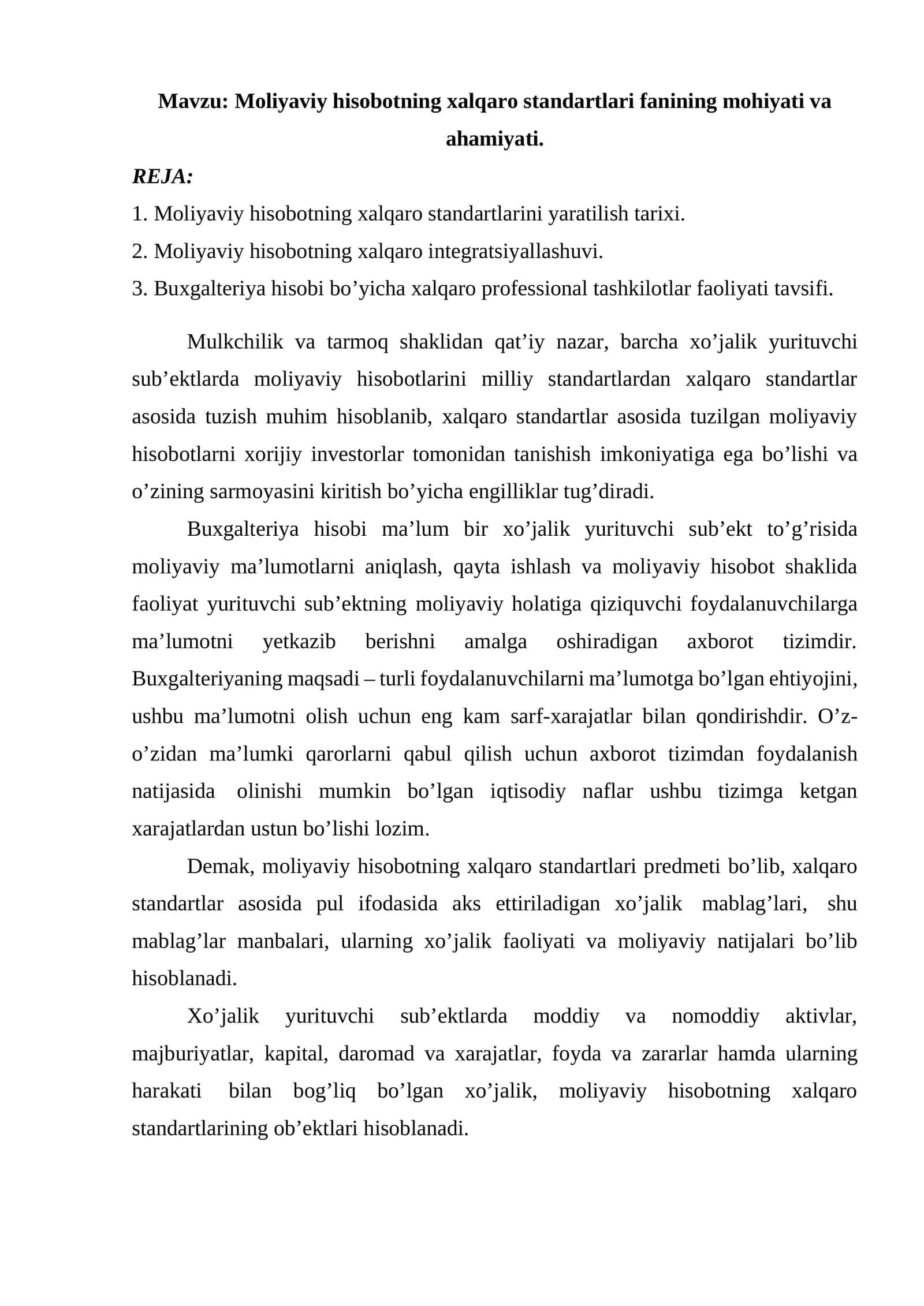 Moliyaviy hisobotning xalqaro standartlari fanining mohiyati va ahamiyati