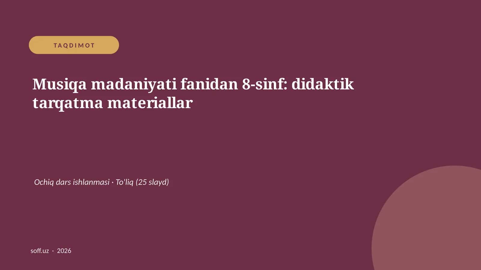 Musiqa madaniyati fanidan 8-sinf: didaktik tarqatma materiallar