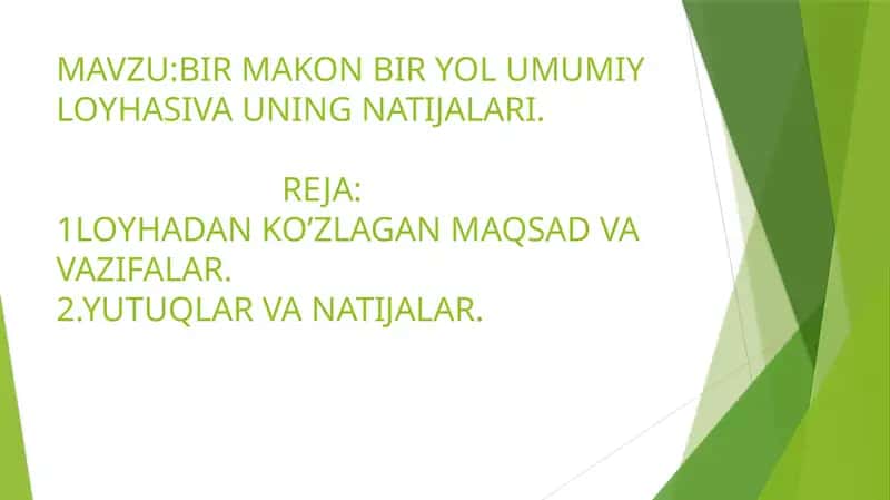 BIR MAKON BIR YOL UMUMIY LOYHASIVA UNING NATIJALARI