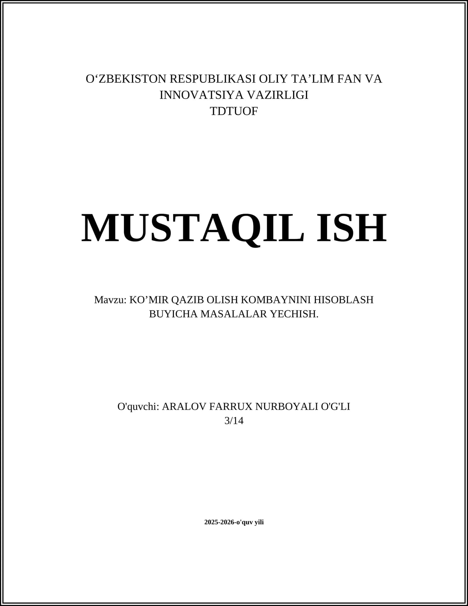 KO’MIR QAZIB OLISH KOMBAYNINI HISOBLASH BUYICHA MASALALAR YECHISH