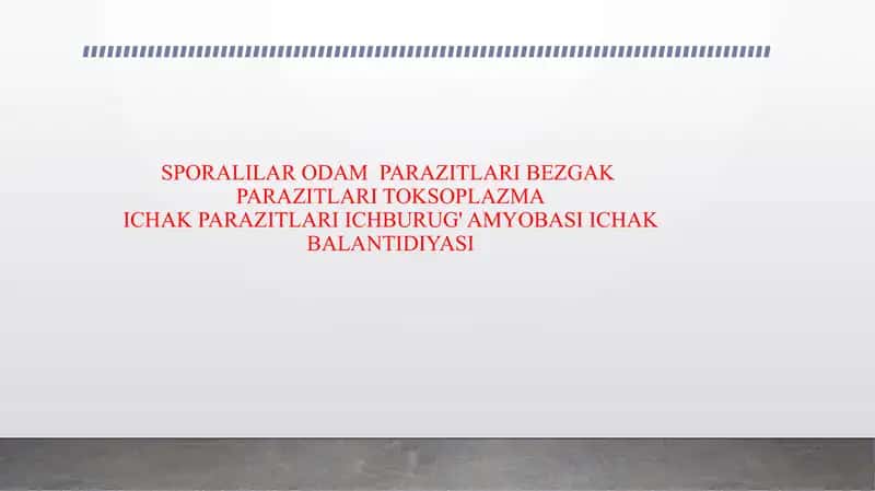 SPORALILAR ODAM PARAZITLARI BEZGAK PARAZITLARI TOKSOPLAZMA ICHAK PARAZITLARI ICHBURUG' AMYOBASI ICHAK BALANTIDIYASI