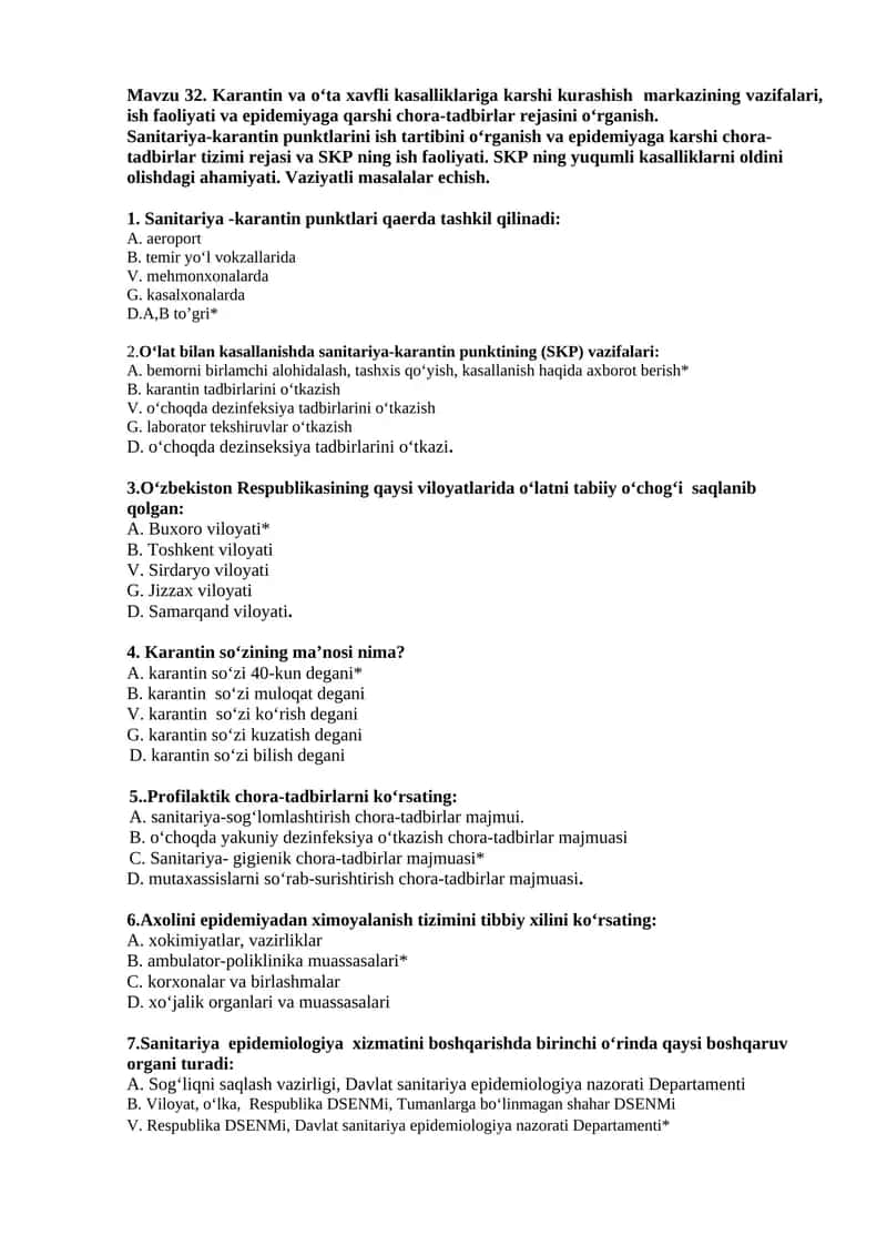 Karantin va o‘ta xavfli kasalliklariga karshi kurashish markazining vazifalari, ish faoliyati va epidemiyaga qarshi chora-tadbirlar rejasini o‘rganish