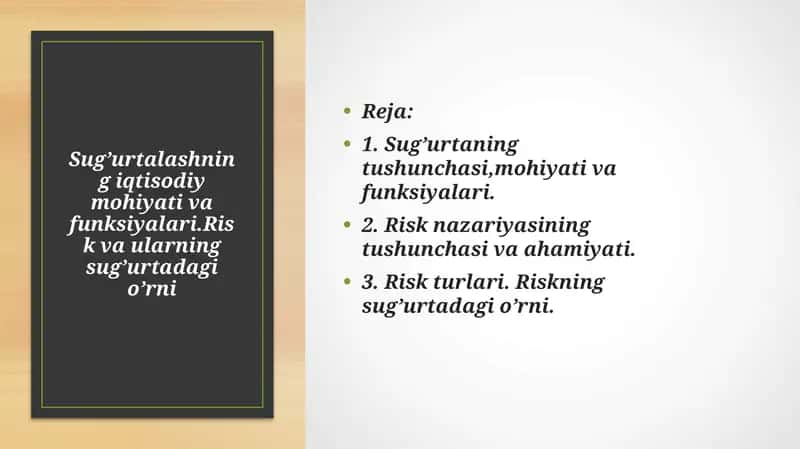 Sug’urtalashning iqtisodiy mohiyati va funksiyalari. Risk va ularning sug’urtadagi o’rni