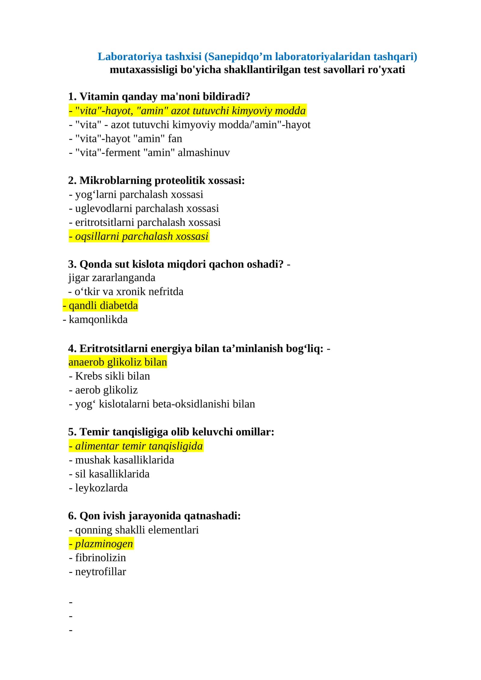 Laboratoriya tashxisi (Sanepidqo’m laboratoriyalaridan tashqari) mutaxassisligi bo'yicha shakllantirilgan test savollari ro'yxati