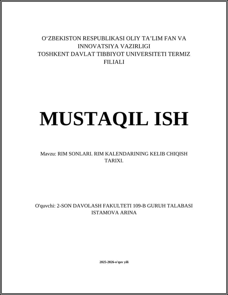 RIM SONLARI. RIM KALENDARINING KELIB CHIQISH TARIXI