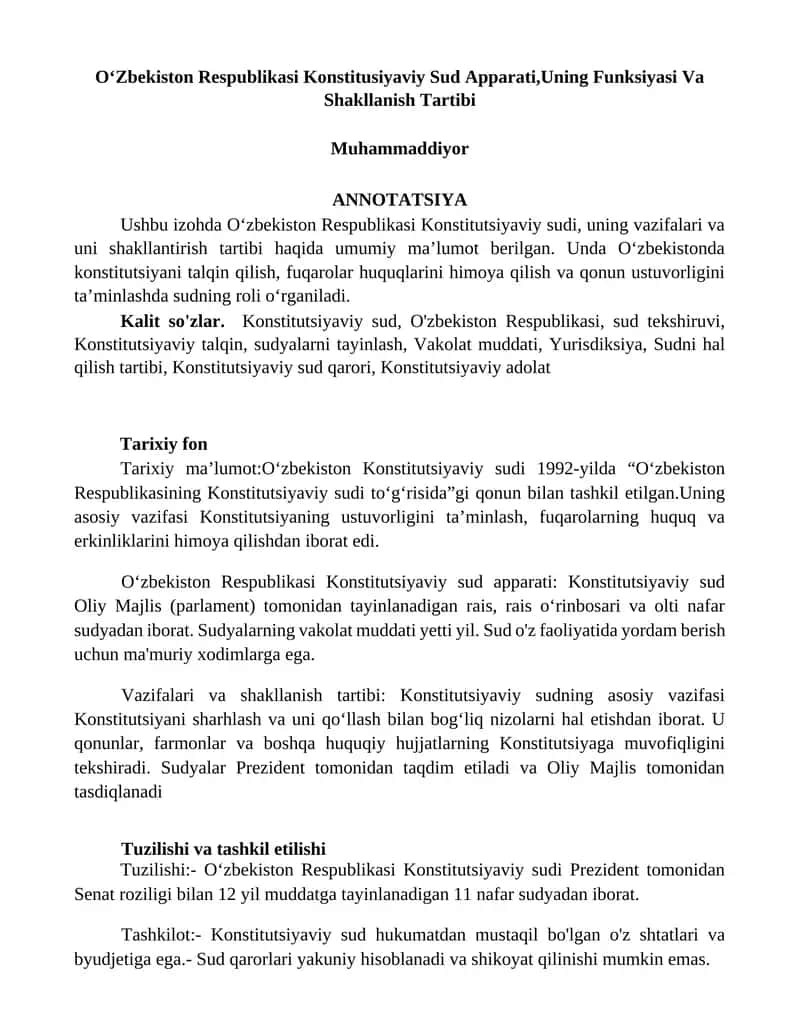 O‘zbekiston Respublikasi Konstitusiyaviy Sud Apparati,Uning Funksiyasi Va Shakllanish Tartibi