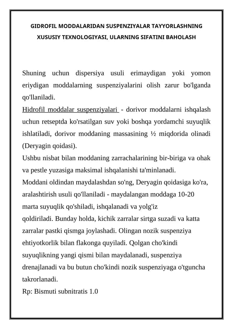 Hidrofil moddalaridan suspensiyalar tayyorlash
