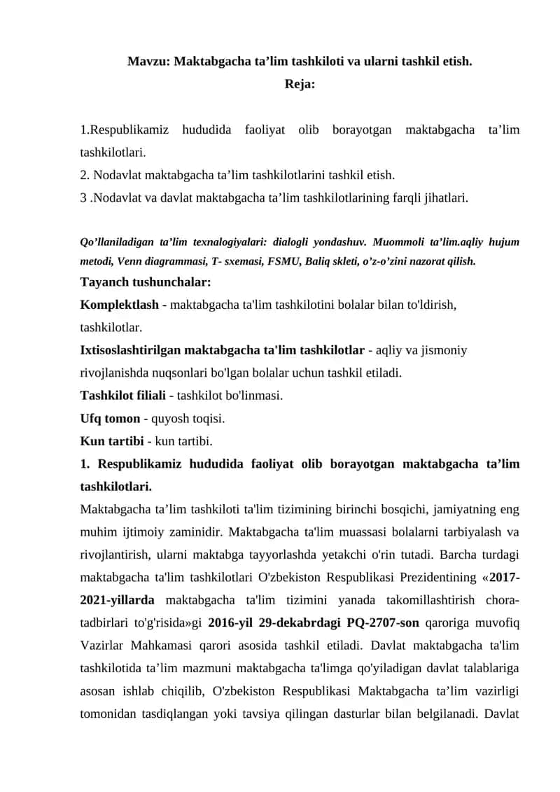 Maktabgacha ta’lim tashkiloti va ularni tashkil etish