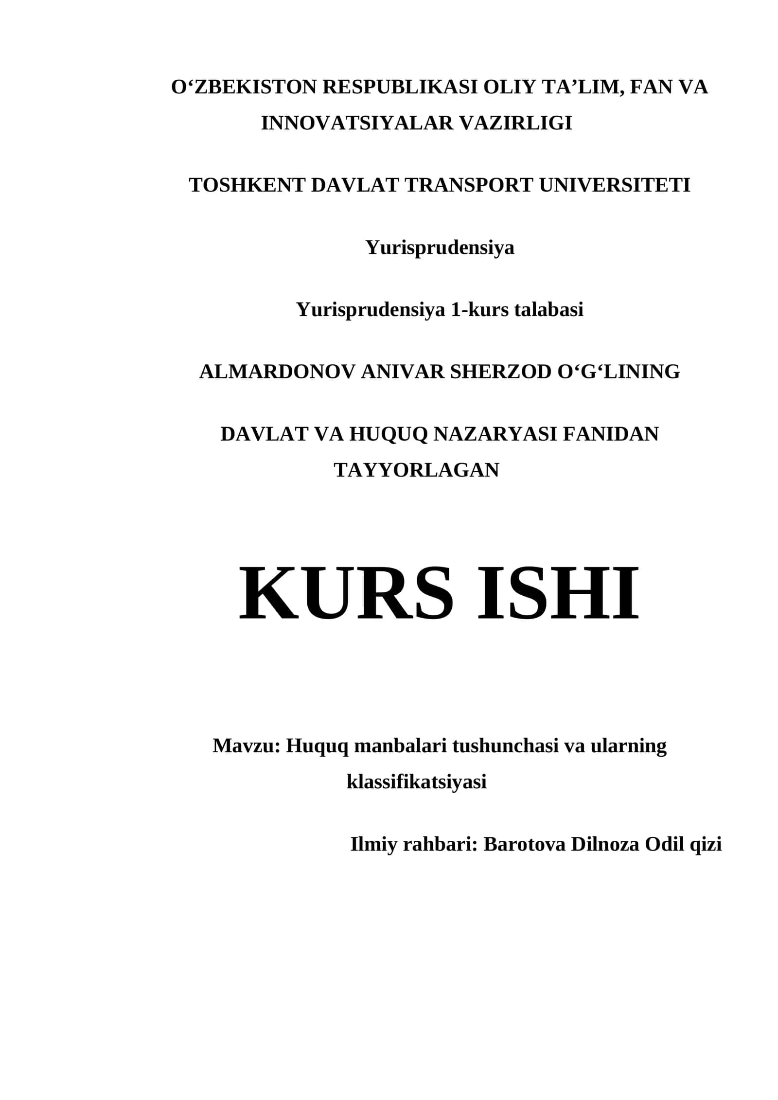 Huquq Manbalari Tushunchasi va Ularning Klassifikatsiyasi