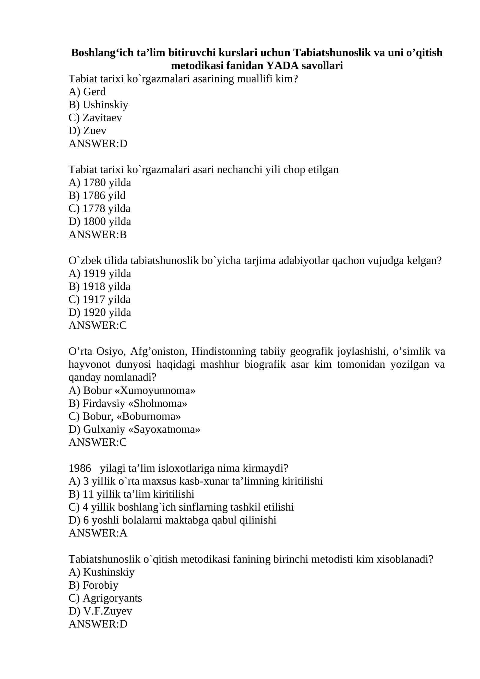 Tabiatshunoslik va uni o’qitish metodikasi fanidan test