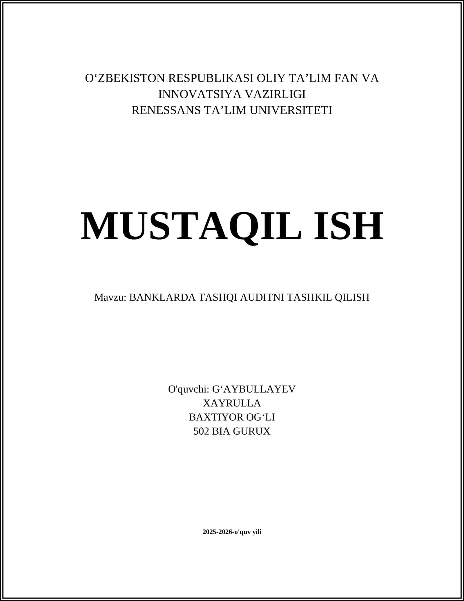 BANKLARDA TASHQI AUDITNI TASHKIL QILISH