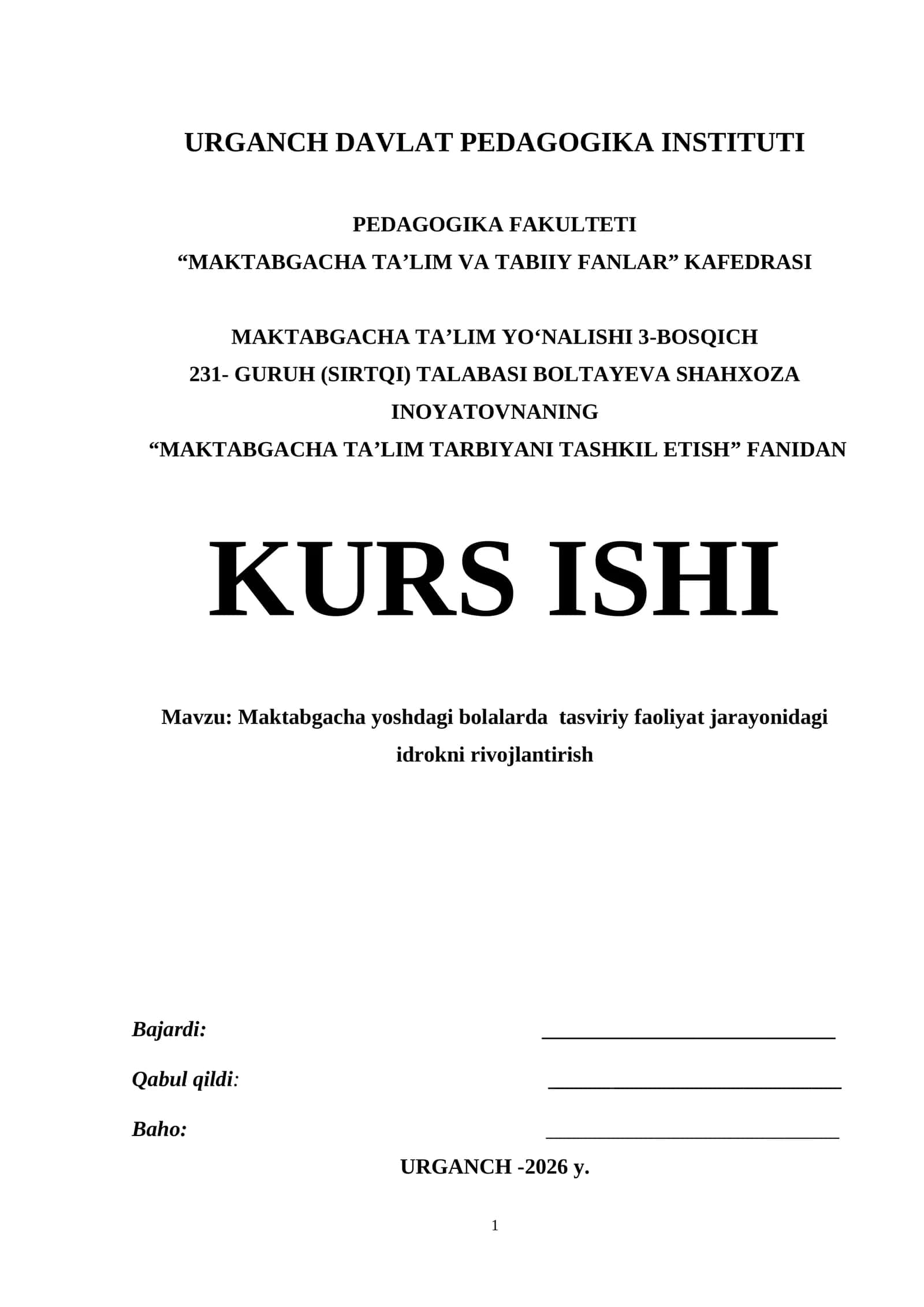 Maktabgacha yoshdagi bolalarda  tasviriy faoliyat jarayonidagi  idrokni rivojlantirish