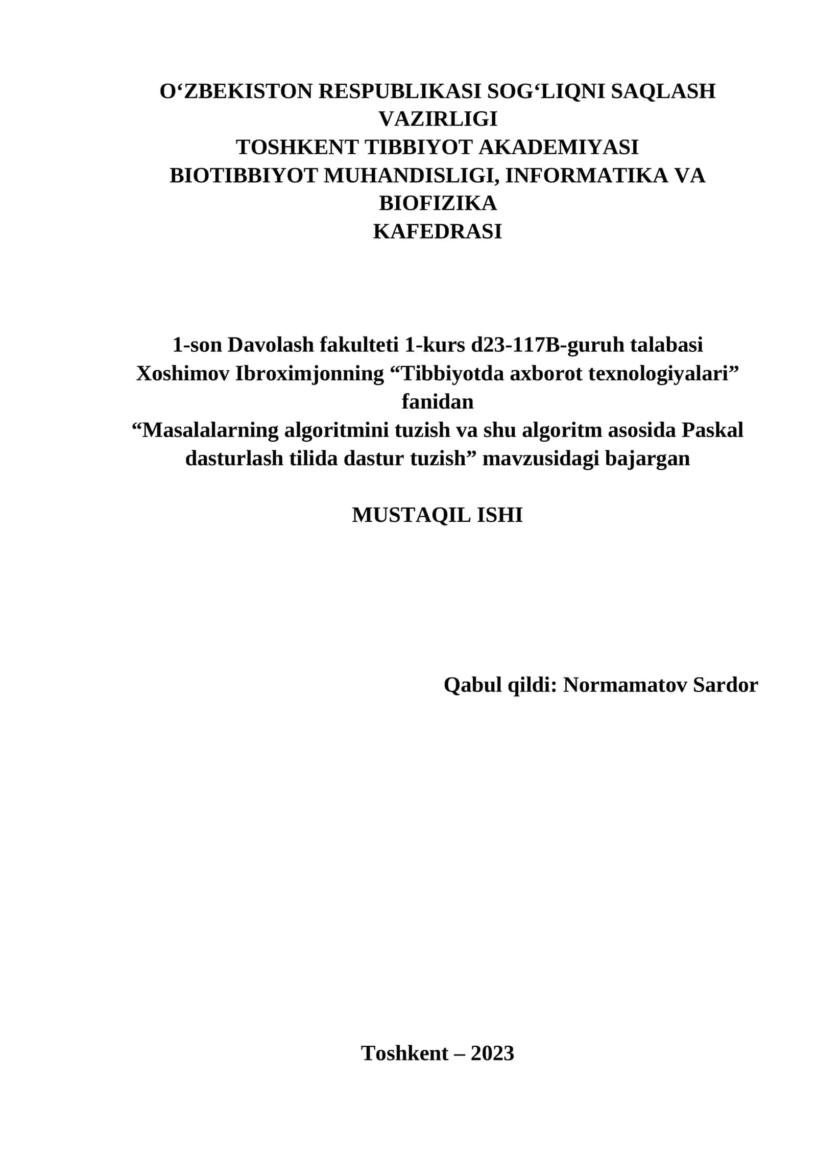 Masalalarning algoritmini tuzish va shu algoritm asosida Paskal dasturlash tilida dastur tuzish
