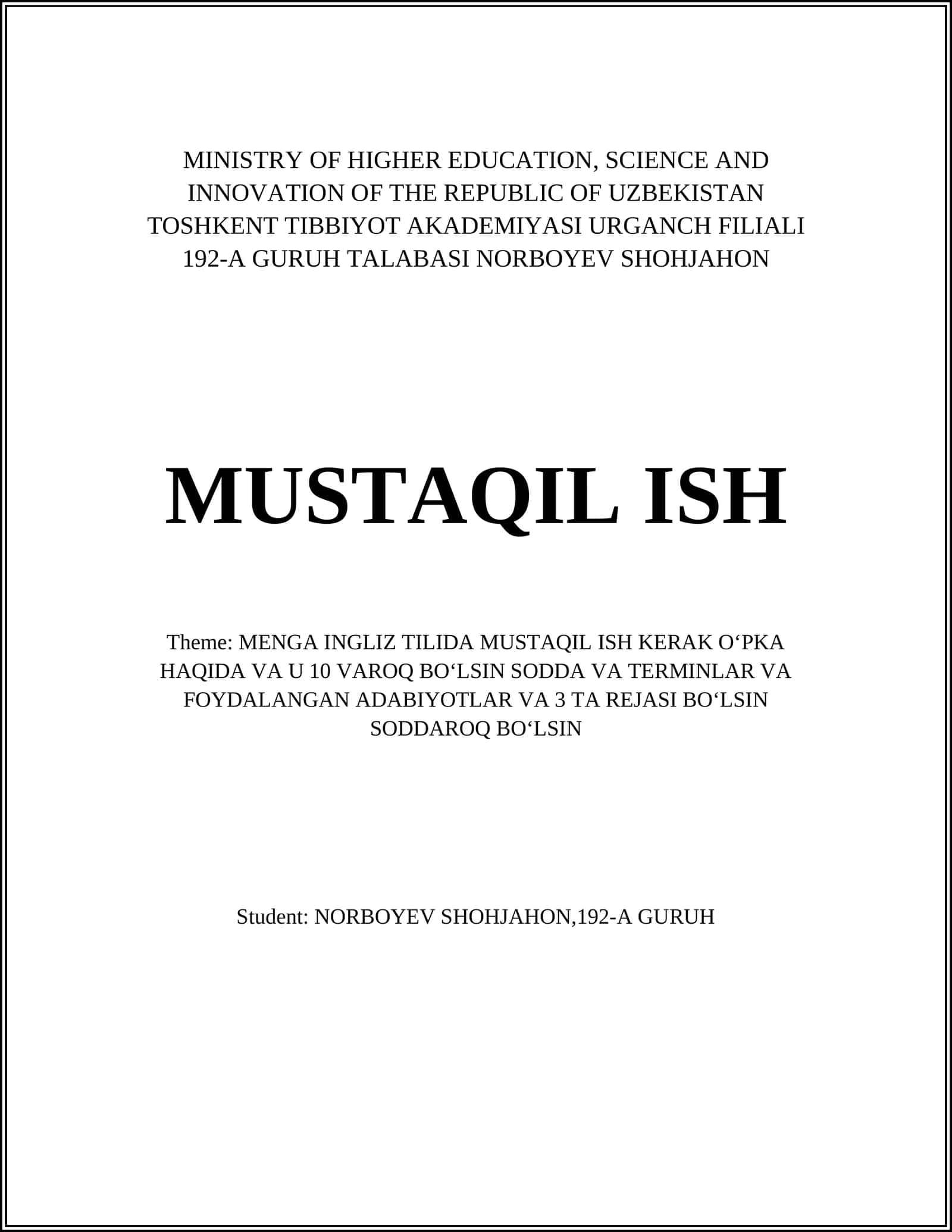 MENGA INGLIZ TILIDA MUSTAQIL ISH KERAK OʻPKA
