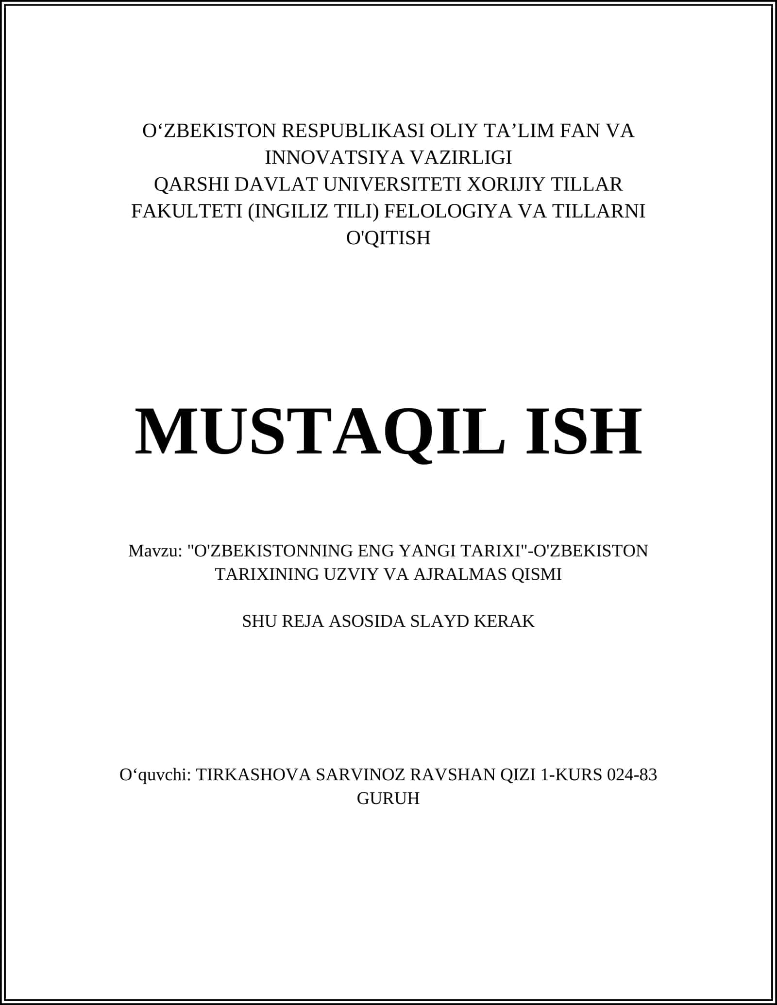 O'zbekistonning Eng Yangi Tarixi